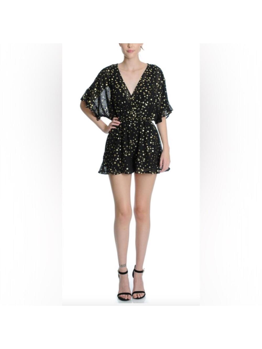 Gianni Bini Black & Gold Star Sheer V-Neck Ruffle Whimsigoth Romper- Size Small - Picture 2 of 5